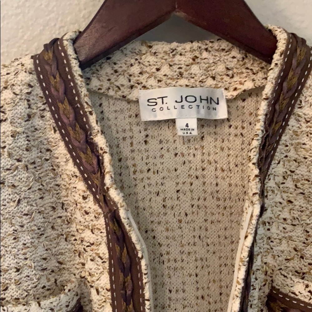 St. John Collection Cream Tweed Knit Jacket with Brown Trim - Picture 5 of 8